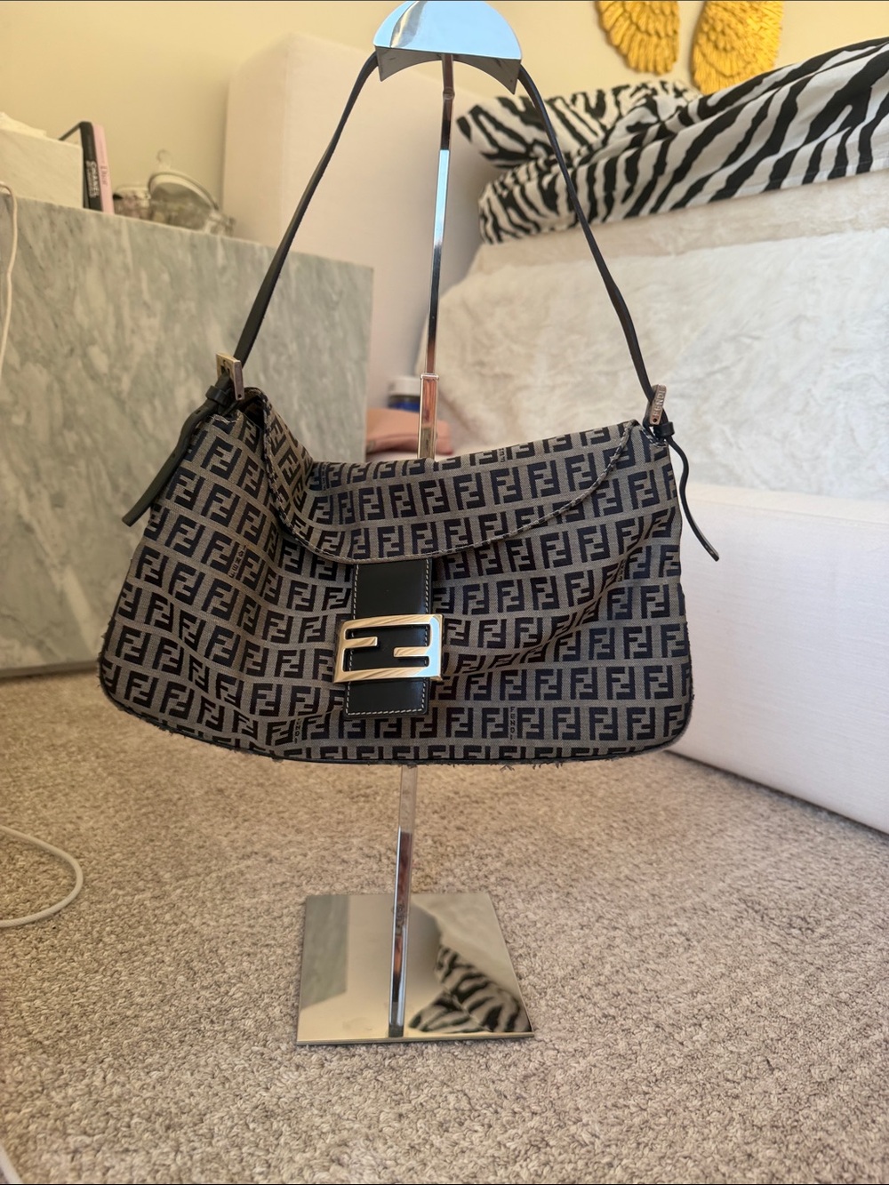Fendi FF Logo Shoulder Bag in Black and Tan